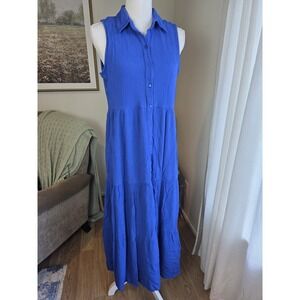 Ny Collection Blue Dress Womens Large Maxi Sleeveless Button Up With Collar